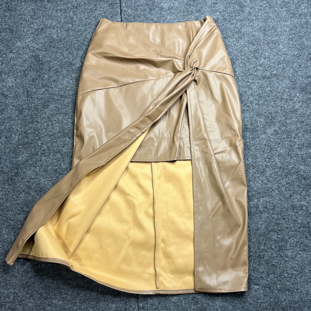 VICI‎ Women's Small Like Wow Faux Leather Twisted Midi Skirt Tan Side Slit - Picture 3 of 7